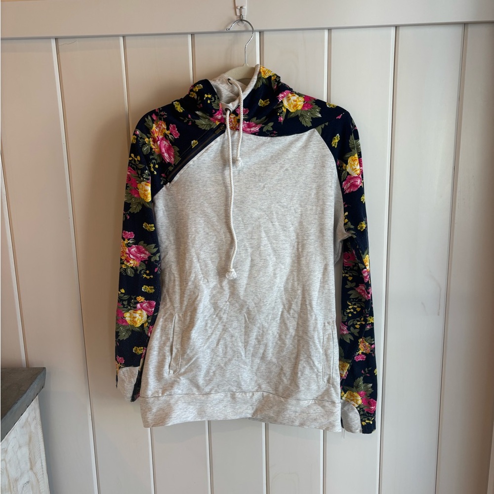 Casual Light Gray with Navy floral detail Hoodie